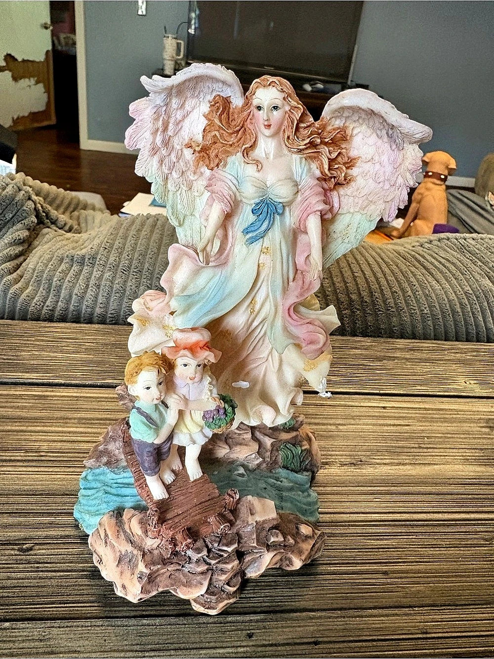 Vintage Guardian Angel & Children On Bridge Figurine Great Gifts 7.5"